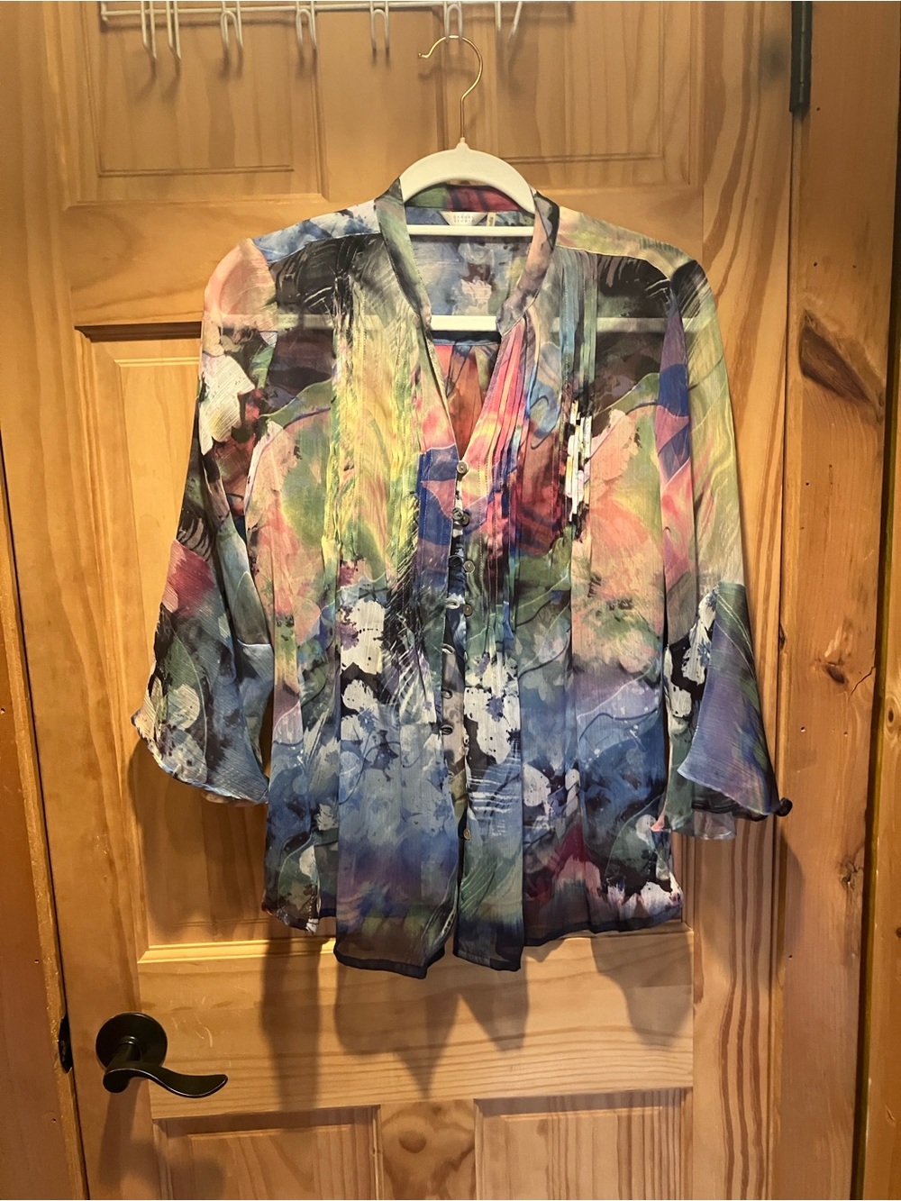 Sheer Multicolor Watercolor-Print Blouse
